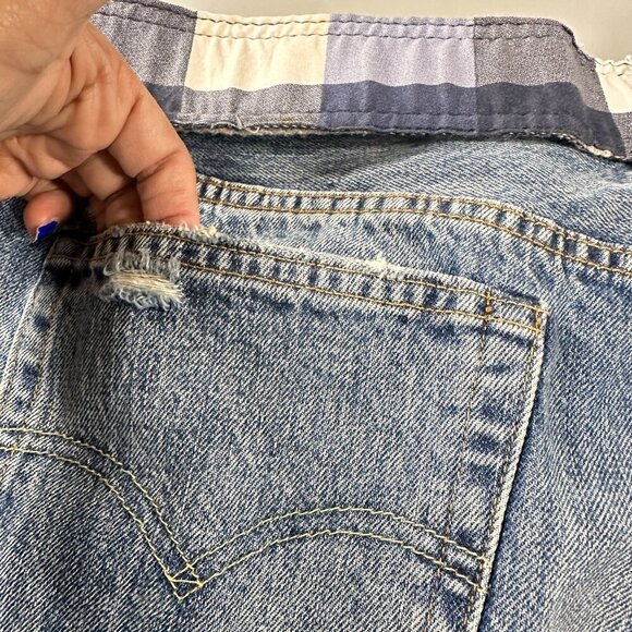 Levis 501 Jeans Women Patchwork Denim Ragged Lands Color Block Raw Hem Straight - Picture 5 of 16